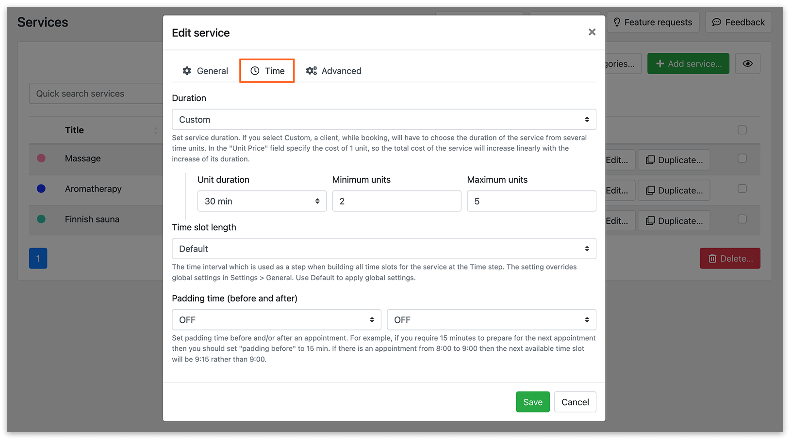 Services section in Bookly – custom duration
