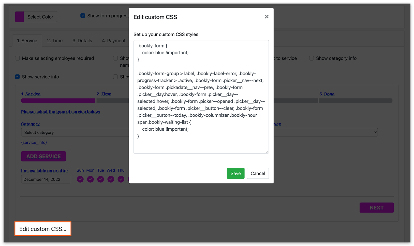 Appearance section in Bookly – Edit custom CSS