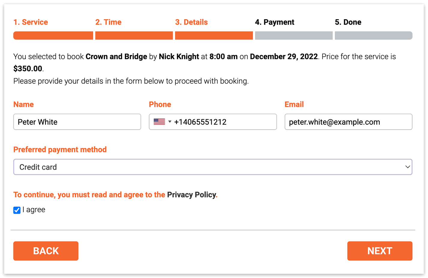 Bookly booking form – Details step