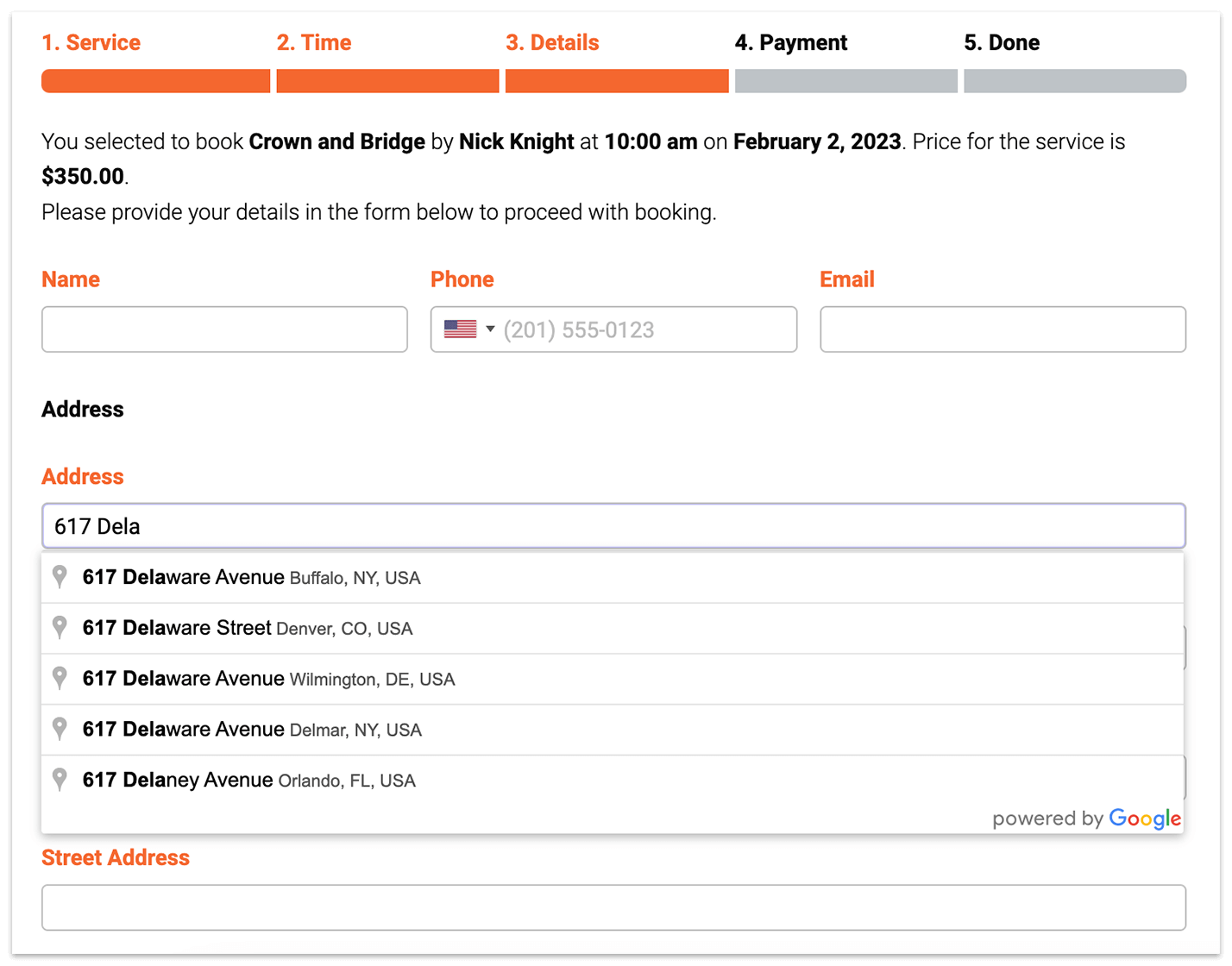 Bookly booking form with Google Maps autocomplete feaure