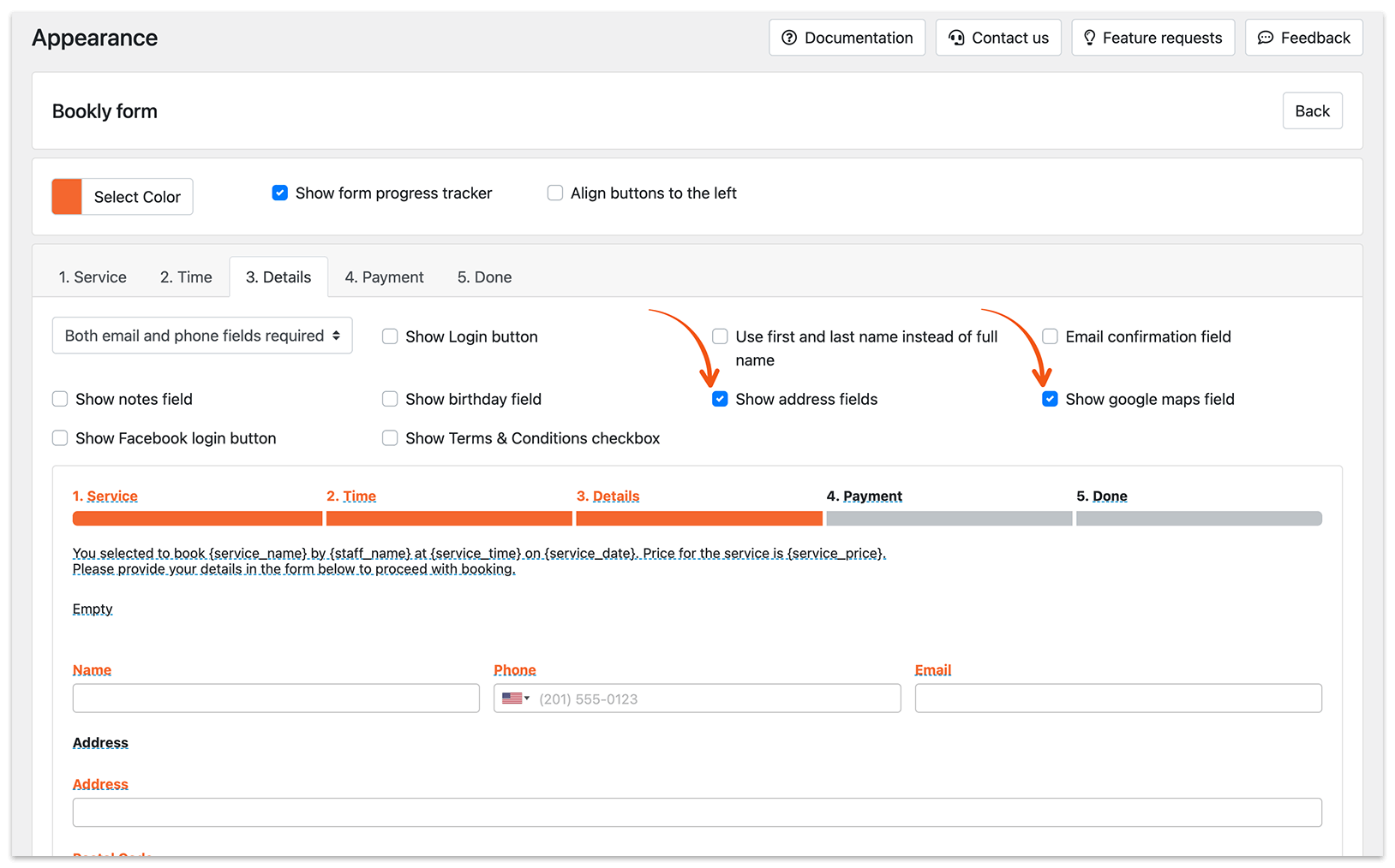 Appearance section in Bookly – Details tab